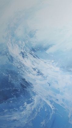 an abstract blue and white painting with waves in the water on it's surface