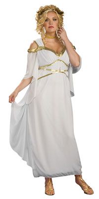 a woman dressed in a white and gold greek costume is talking on her cell phone