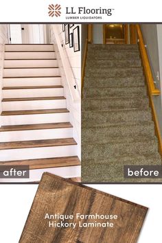 before and after photos of carpet cleaning in an old house with wood floors, stairs and white painted walls