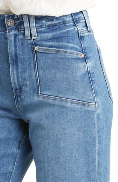 The faded wash and roughed-up edges of these wide-leg jeans offer an authentic rigid look, but the denim is surprisingly soft and stretchy with great recovery. 26" inseam; 22" leg opening; 11 1/4" front rise; 15 1/2" back rise (size 29) 93% cotton, 5% polyester, 2% spandex Machine wash, line dry Imported Wide Legged Jeans, High Waist Wide Leg Jeans, Pants Details, Sharp Dressed Man, Denim Details, Country Outfits, Wide Leg Jeans, Denim Pants, Denim Women