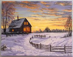 11" x 14" 28 x 35 cm Handmade, Oil by Emine Erdogan The artist's signature, E. E. is located in the bottom right corner of the painting. A great gift for yourself or your loved ones! ❤️ Snowy Sunset, Rustic Houses, Oil Painting Canvas, Oil Gifts, Artist Signatures, Handmade Oil, Holiday Christmas Gifts, Painting Canvas, Winter Landscape