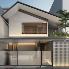 an architectural rendering of a modern house with glass doors and shutters on the outside