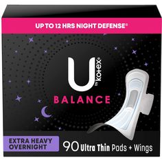 PRICES MAY VARY. U by Kotex Balance Ultra Thin Overnight Pads with Wings, Extra Heavy Absorbency, 90 Count (3 packs of 30, 90 feminine pads total); the same trusted product you love, made with no harsh ingredients The Most Coverage of Ultra Thin Pads*: Made with a 60% larger front and 80% larger back**, the overnight pad provides up to no back leaks (*of Ultra Thin Pad Market) (**vs. U by Kotex Balance Ultra Thin Regular Pad) Protection No Matter How You Sleep: Overnight feminine pads offer up t Kotex Pads, Feminine Pads, Maxi Pad, Period Pads, Menstrual Pads, Feminine Care, Sanitary Pads, Feminine Hygiene, Chemical Free