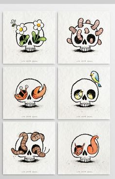 four different pictures of skulls with flowers and birds on their heads, one is in the middle