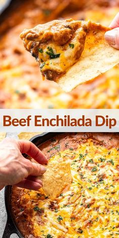 a hand holding up a piece of cheese enchilada dip from a skillet