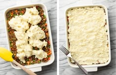 two images showing how to make shepherd's pie with mashed potatoes and peas