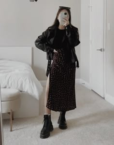 Warmer Spring Outfits, Urban Edgy Outfits, Long Skirt And Combat Boots Outfit, Midi Dress Tights Boots, Long Skirt Combat Boots, Cozy Fall Outfits Aesthetic Grunge, 90s Floral Skirt Outfit, Autumn Outfits Rainy Days, Dark Feminine Outfits Midsize