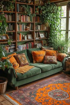 a living room filled with lots of green furniture and bookshelves covered in plants