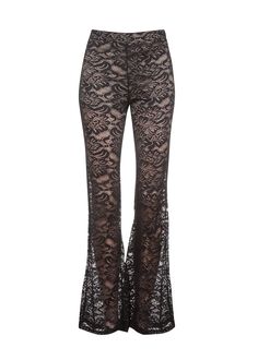 You're a vision in lace in these stunning pants! The sheer bell bottom pants are made out of gorgeous black lace and offer alluring flashes of skin. The top part is lined with nude shorts and has an elastic waist. Flirty flare features a slender fit through hip and thigh with a dramatic flared leg for some retro appeal. Easy pull-on style. Available in sizes S, M, and L. Made out of 92% nylon and 8% spandex (shell) and 100% polyester (lining). For a chic edge to a classic silhouette, these pants Lace Bell Bottoms, Nude Shorts, Festival Outfits Rave, Velvet Flares, Faux Leather Biker Jacket, Lace Pants, Retro Clothing, Bell Bottom Pants, Flare Leggings