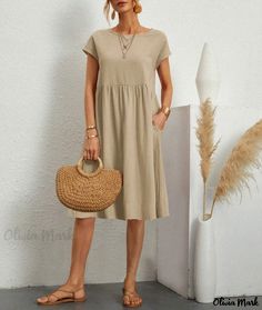 Olivia Mark - Stylish Linen Cotton Round Neck Letter Print Dress Fitted Maxi Dress, Flowy Design, Wrap Around Dress, Loose Fitting Dresses, Elegant Dresses For Women, Crewneck Dress, Khaki Dress, Patchwork Dress, Necklines For Dresses