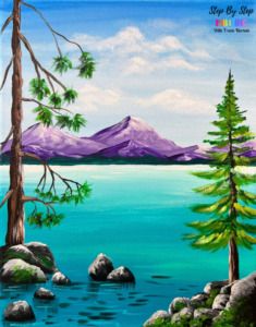 a painting of trees and water with mountains in the background