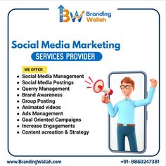 a man holding a megaphone and pointing to it with the words social media marketing services provide