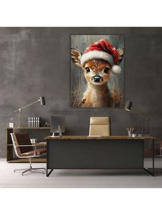 a painting of a deer wearing a santa hat on top of a desk in an office