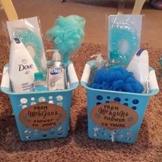 two blue baskets filled with personal care items on top of a brown carpeted floor