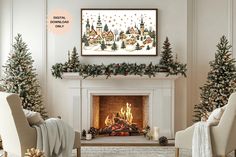 a living room decorated for christmas with holiday decorations and stockings on the fireplace mantel