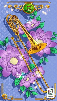 an illustration of a trumpet and flowers on a blue background