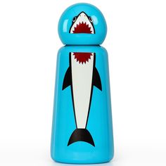 a blue toy with a shark on it's back and teeth painted on the front