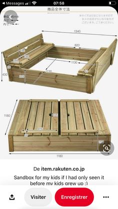 a wooden bed frame with measurements for the top and bottom sides, on an iphone screen