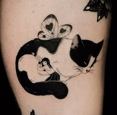 a black and white cat with a butterfly on it's back leg is shown