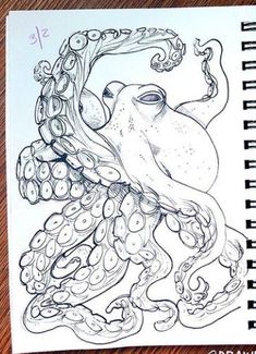 a drawing of an octopus with tentacles on it's back and head in the air