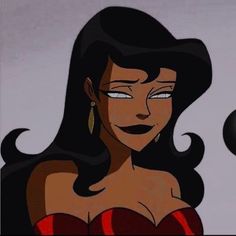 an animated image of a woman with long black hair wearing a red dress and gold earrings