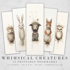 four different animals are shown with the words, whimsical creatures printable bookmarks