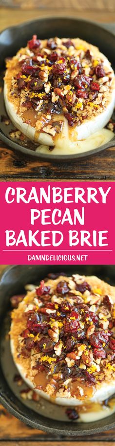 cranberry pecan baked brie in a cast iron skillet