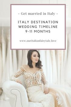 a woman in a wedding dress sitting on a white chair with the words get married in italy