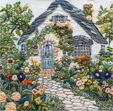 a house with flowers and plants on the front door is shown in this embroidery pattern