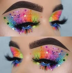 Glitter Eyes Makeup, Carnaval Make-up, Music Festival Makeup, Festival Makeup Glitter, Make Up Designs, Drag Make-up, Festival Glitter, Pride Makeup, Rave Makeup