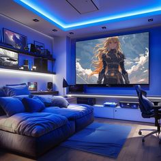 a living room with blue lighting and a large screen tv on the wall above it