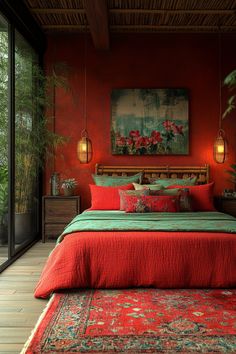 Looking for a modern and minimalist red and green bedroom? We've got 20 inspiring ideas to create a clean and sophisticated space. Embrace the beauty of simple lines and bold pops of color to design a bedroom you'll love. Rust Red Bedroom, Red Themed Bedroom, Red Green Bedroom, Red And Green Bedroom, Red Bedroom Aesthetic, Bedroom Ideas Red, Closet Doors Painted, Red Bedspread, Green Bookshelves