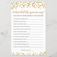 a gold confetti bridal guess game with the words what did the groom say?