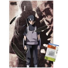 an anime character is standing in front of a poster with the shadow of a man