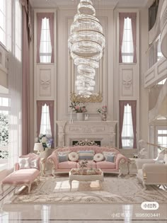 an elegant living room with chandelier and pink furniture