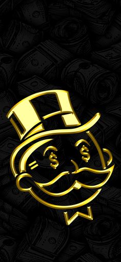 a black and gold wallpaper with an image of a man's face wearing a top hat