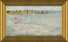 an oil painting of children playing in the water at the beach with boats and people