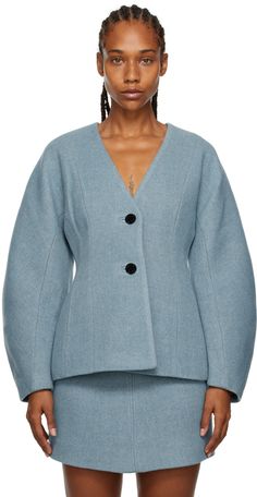 Recycled wool- and nylon-blend twill blazer. · Paneled construction · Plunging V-neck · Button closure · Welt pockets · Balloon sleeves · Full satin lining Supplier color: Heather Ganni Outfit, Outfit Blazer, Twill Skirt, Womens Blazers, Wool Suit, Blue Suit, Dress And Heels, Blazers For Women, Luxury Streetwear