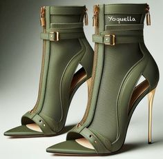 Green Leather Fabric, Gold Stiletto Heels, Futuristic Shoes, Fabric Sandals, Fairy Shoes, Chanel Boots, Stunning Shoes, Stiletto Shoes