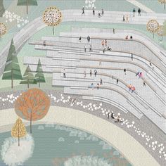 an artistic drawing of people walking and riding bikes on a bridge over a river or lake