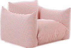 two red and white striped pillows sitting next to each other