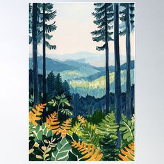 a painting of trees and mountains in the distance with green leaves on the foreground