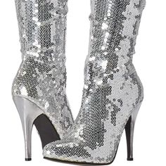 Fabric Type 100% Polyurethane Sequins Origin Imported Sole Material Rubber Shaft Height 16 Inches 5 Inch Heel Manufacture Is Ellie Shoes This Pair Of Boots Does Have Some Glue At The Edge That Is Showing Now Have Had These From My Boutique A Few Years Ago Never Been Worn Brand New And Have Original Box And Packing Party Boots With Round Toe In Synthetic, White Synthetic Boots For Party, White Synthetic Party Boots, Glamorous Synthetic Boots With Round Toe, Lace-up Synthetic Boots For Party, Synthetic Almond Toe Party Boots, Medium Width High-top Heels For Party, High-top Party Heels Medium Width, Silver Synthetic Boots With Round Toe