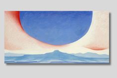 an abstract painting with blue, red and white colors in the sky above mountains on a gray background