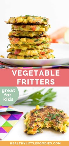 vegetable fritters on a plate with text overlay