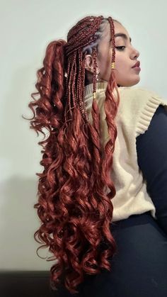 Mixed Color French Curl Braids, Goddess Braids Red And Black, Jessica The Prankster Braids, Red And Black Braids With Curls, Red Bohemian Braids, Christmas Braids Hairstyles Black, Spanish Curl Braids, Red Braids For Black Women, Red Goddess Braids