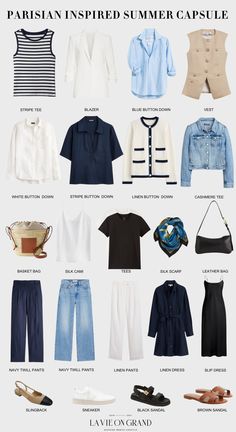 Parisian-inspired summer capsule 2024. Chic and classic pieces to mix and match this summer season to look timeless like a French woman. Paris Summer Outfits 2024, Summer Capsule Wardrobe 2024, Packing Capsule, Summer Wardrobe Capsule, Dress Like A Parisian, Parisian Outfits, Dress Smart, Wardrobe Minimalist