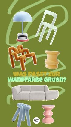 an advertisement with different furniture and chairs in green colors, including the words was rasp -