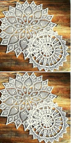 two pictures of doily on wooden boards