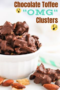 chocolate toffee clusters in a white bowl